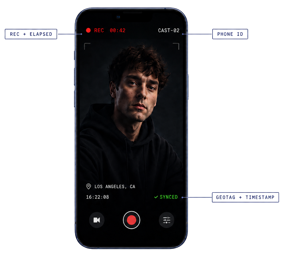 Cast Camera app — REC + elapsed, phone ID, geotag and timestamp